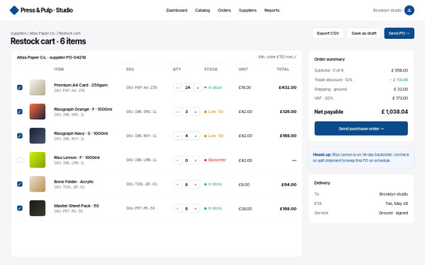 B2B restock cart — interface reference preview