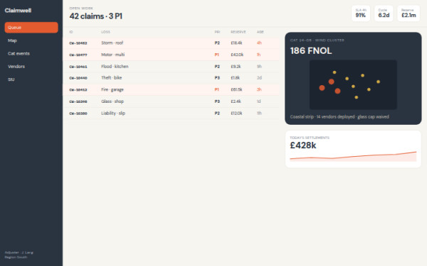 Claimwell · Adjuster Desk — interface reference preview