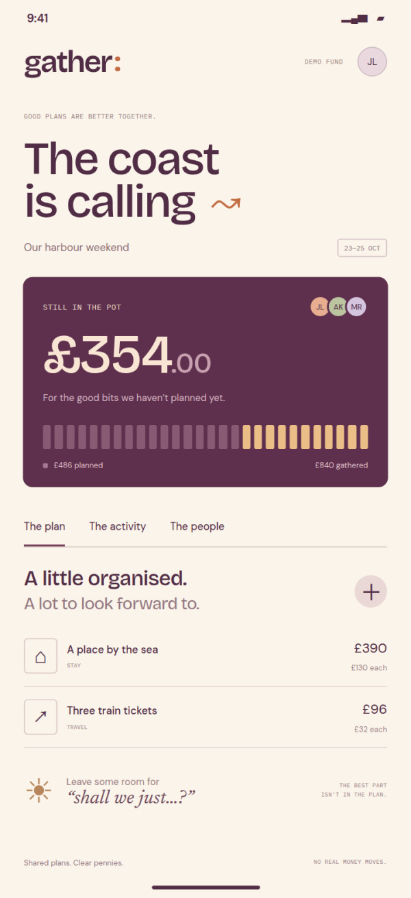 Gather · The Shared Trip Fund — interface reference preview