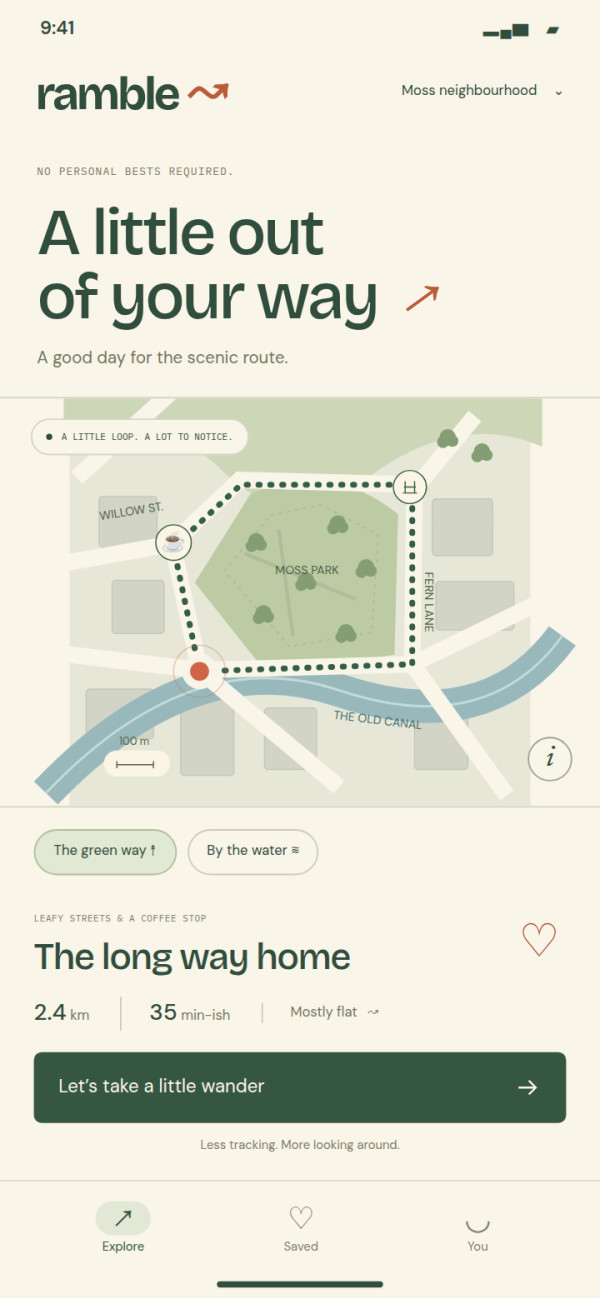 Ramble · Unhurried Walks — interface reference preview