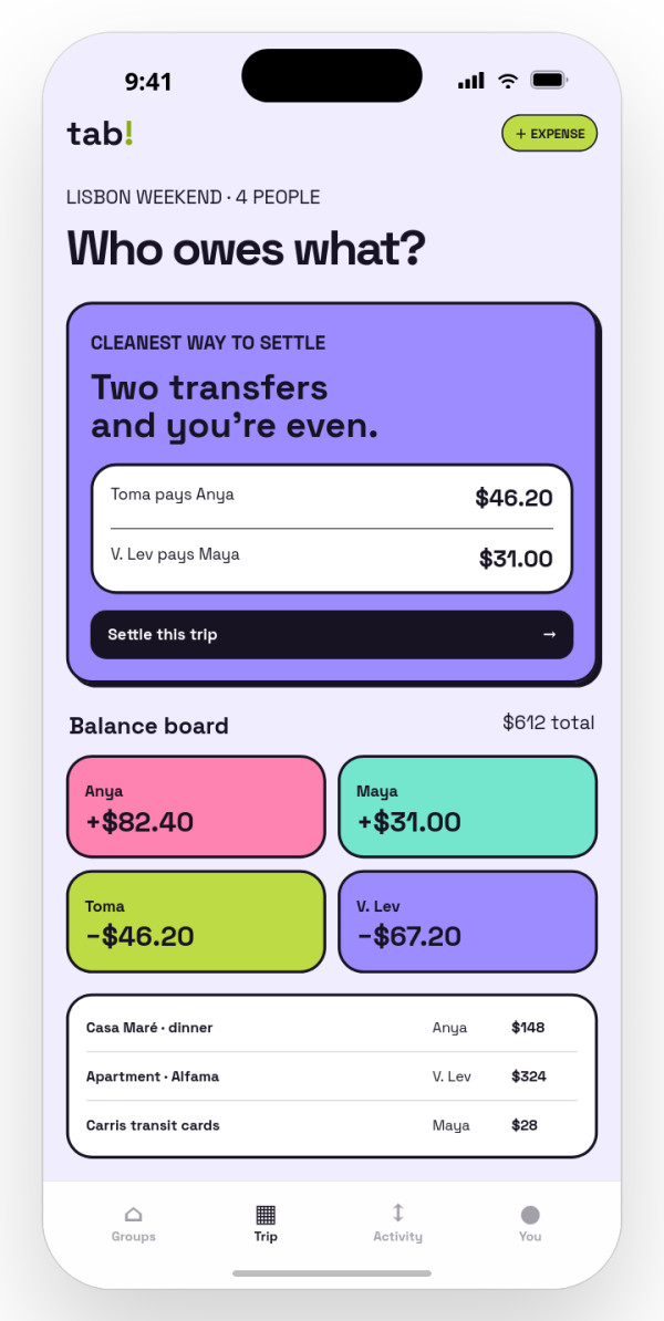 Split expenses — interface reference preview