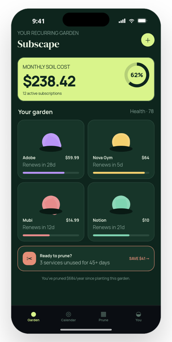 Subscription garden — interface reference preview